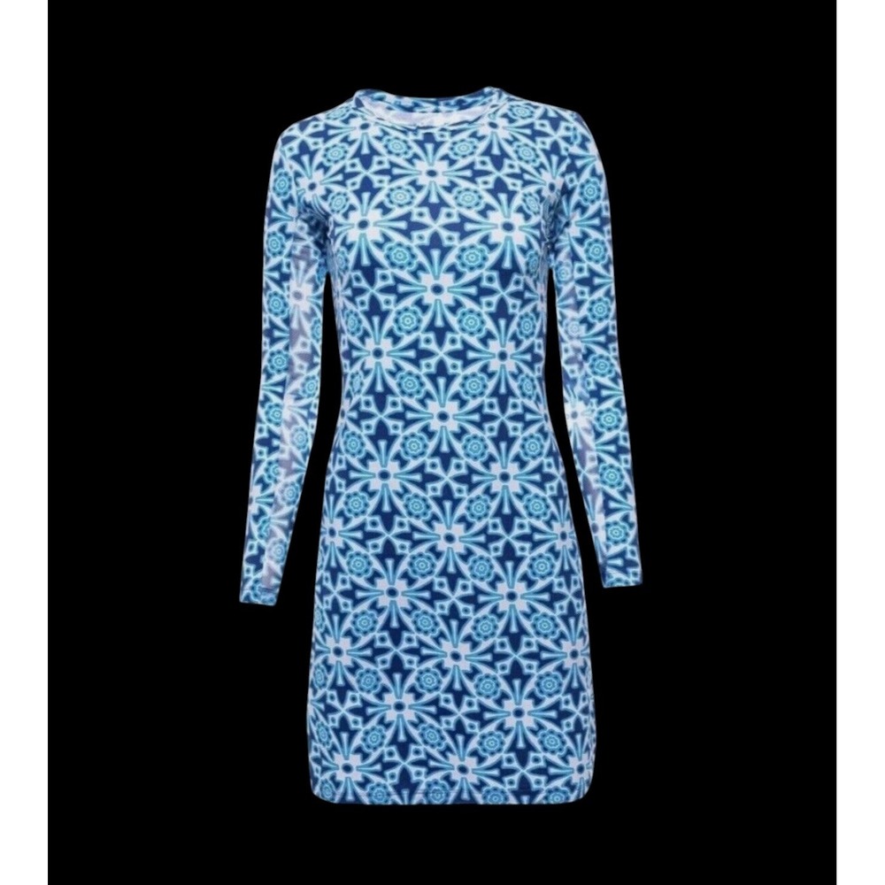 IBKUL Moroccan Tile‎ Crew Neck Dress XL Blue Long Sleeve Golf Tennis Geometric